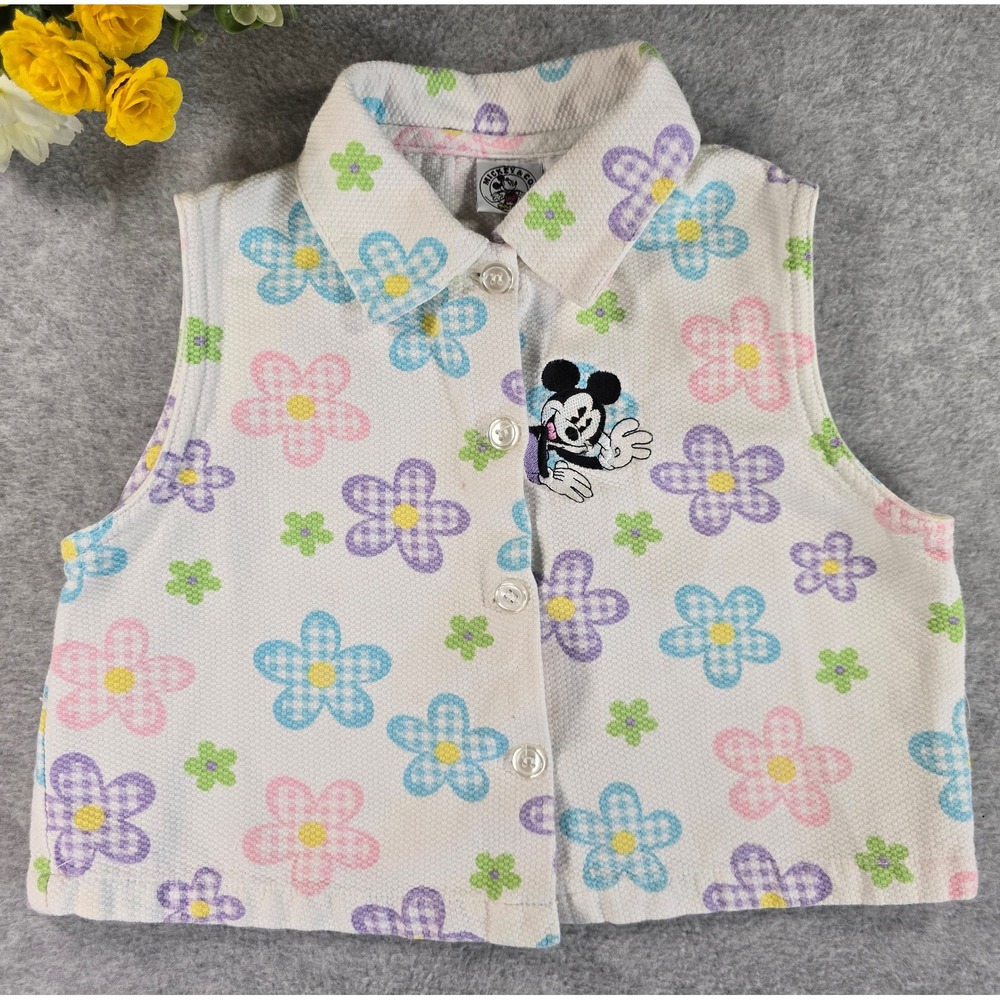 Vintage 90s Mickey & Co Disney Floral Vest Girls Size M 10/12 Embroidery Cute